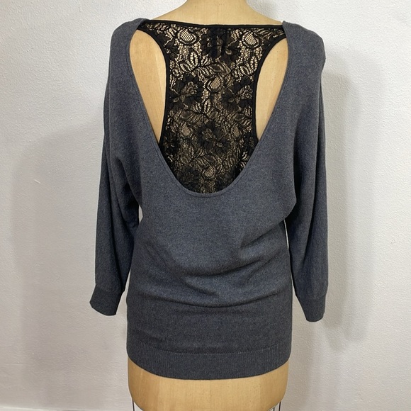 Guess dark gray tunic sweater w scoop neck and black lace back - Picture 4 of 10
